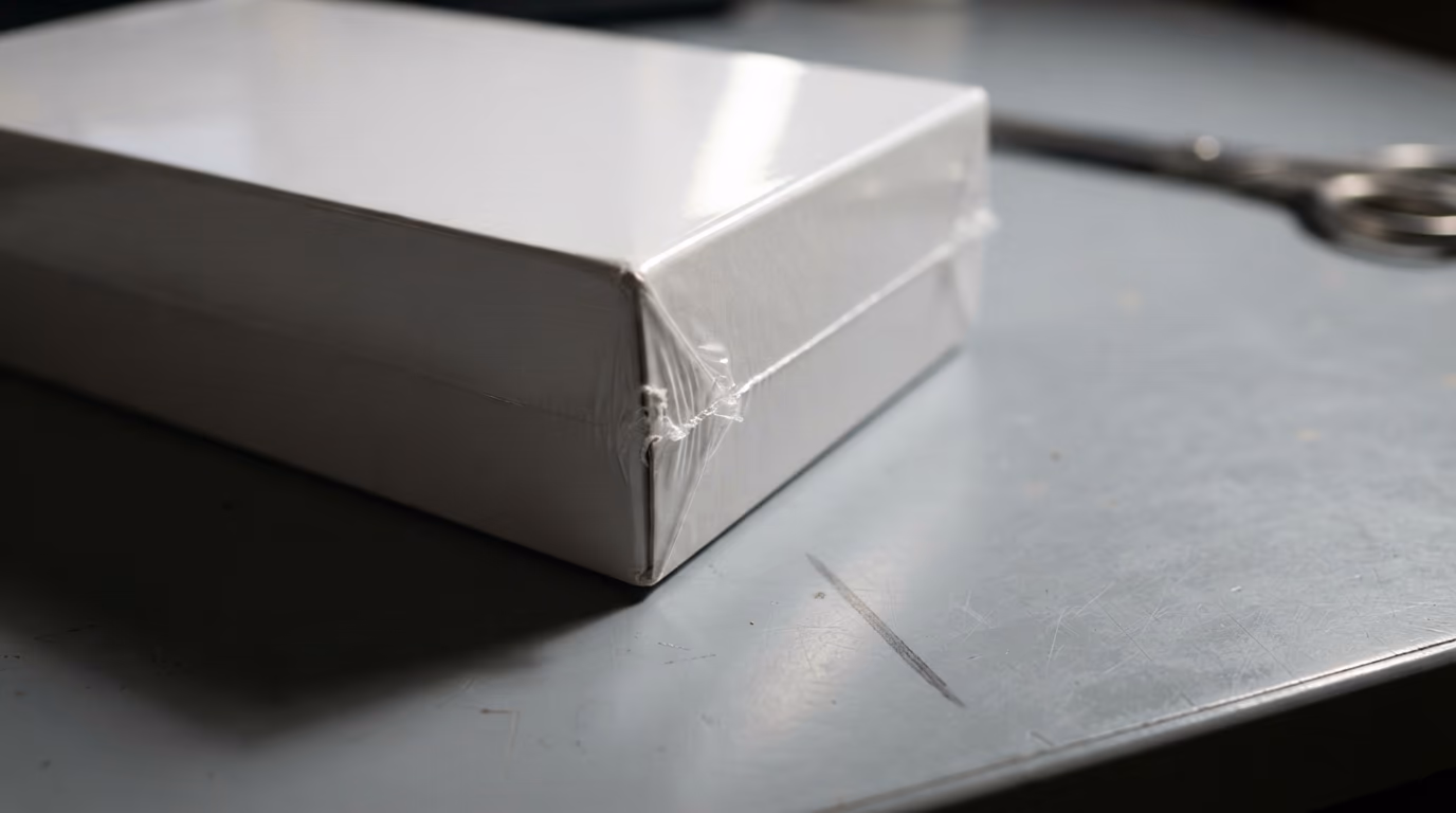 A sealed unbranded product box still wrapped in factory plastic on a grey desk