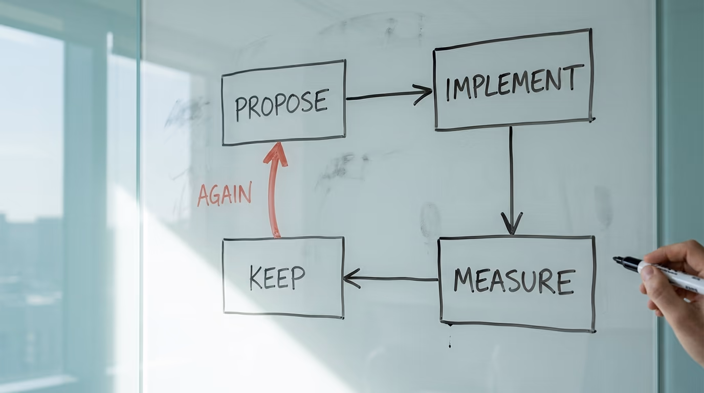 Whiteboard diagram of the recursive self improvement loop, propose, implement, measure, keep