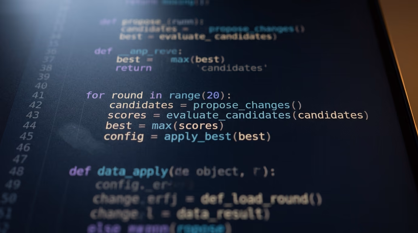 Code editor showing an AI training loop that proposes candidates, evaluates them and keeps the best