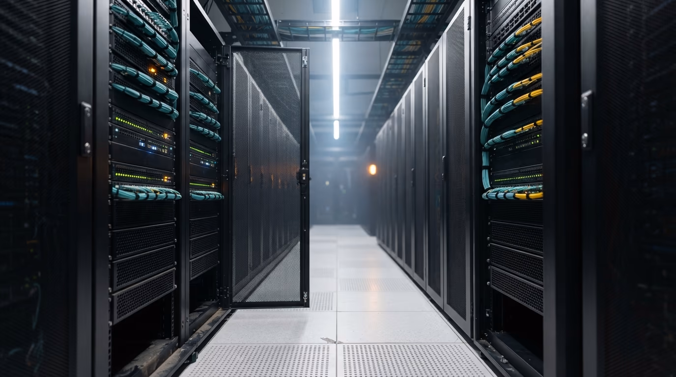 Data center aisle of AI accelerator racks, the compute that trains AI models