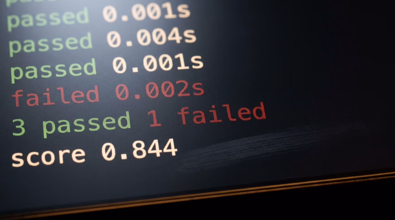 Terminal showing a test runner with passed and failed lines and an evaluation score
