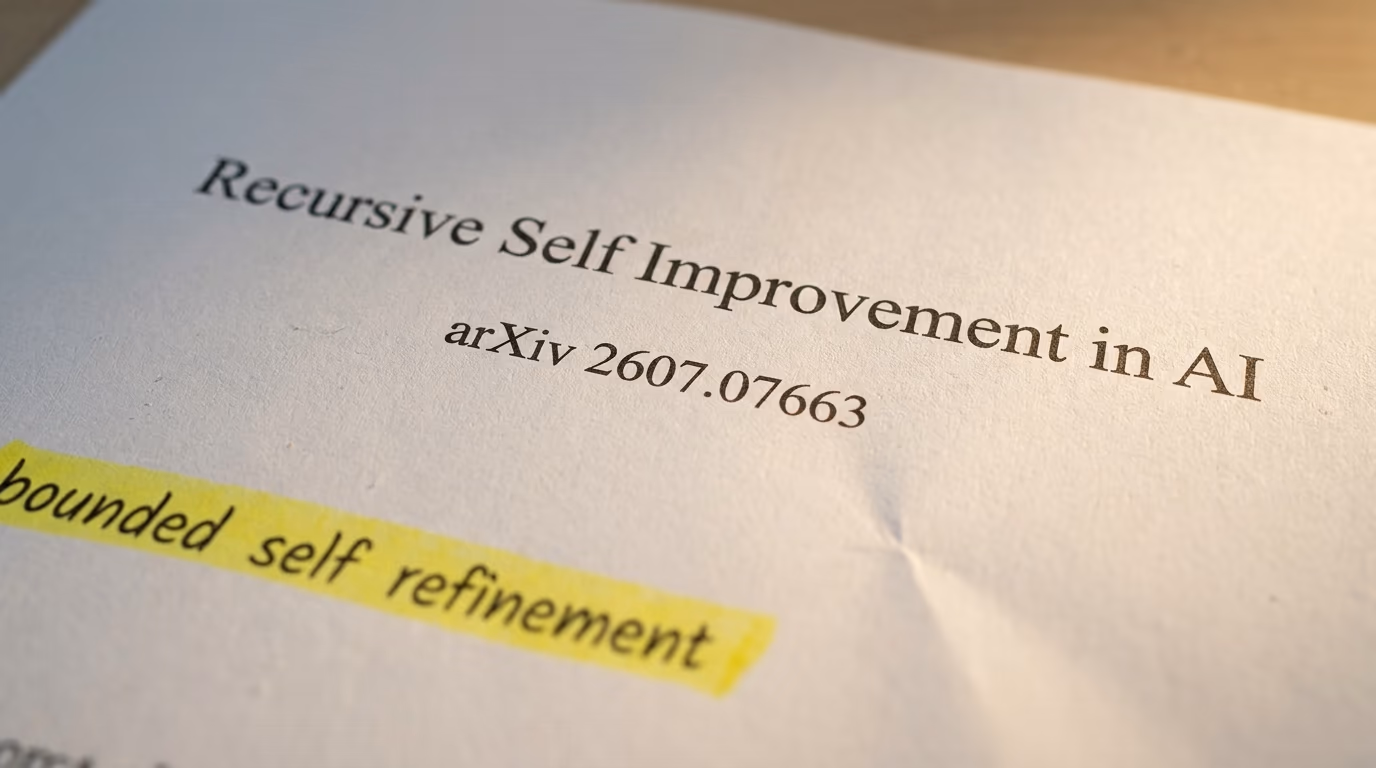 Printed research preprint on recursive self improvement in AI with a highlighted line