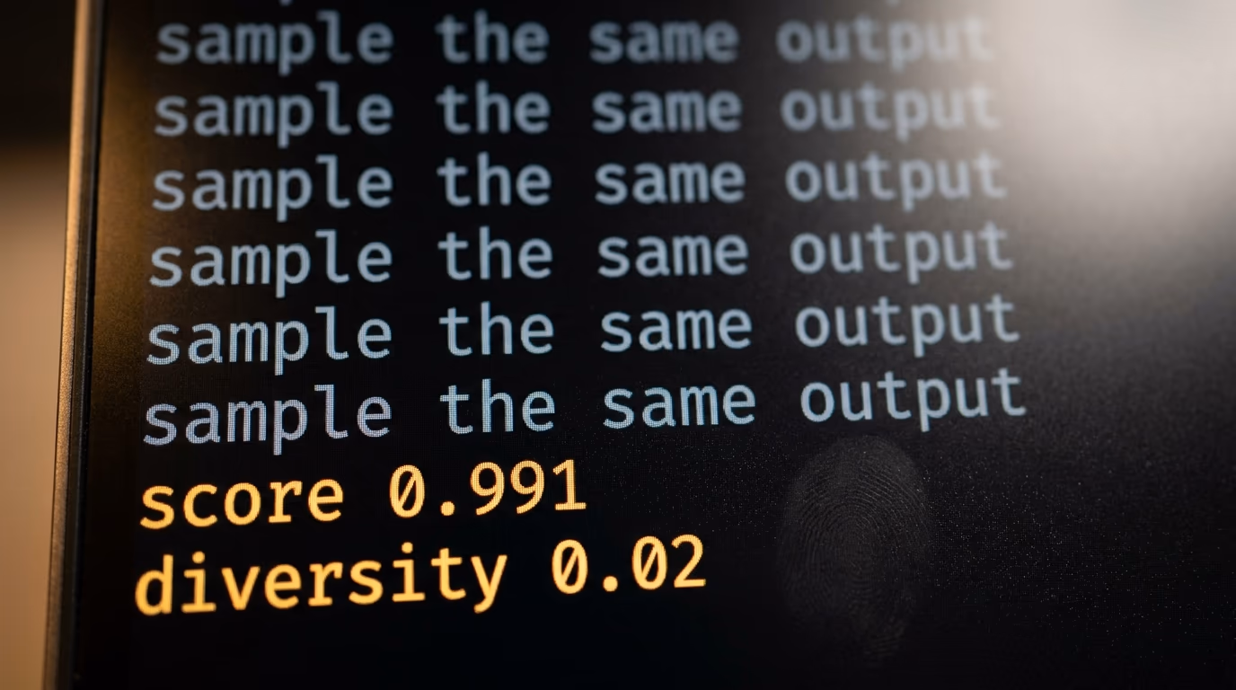 Terminal showing model collapse, identical repeated output lines beside a high score and low diversity