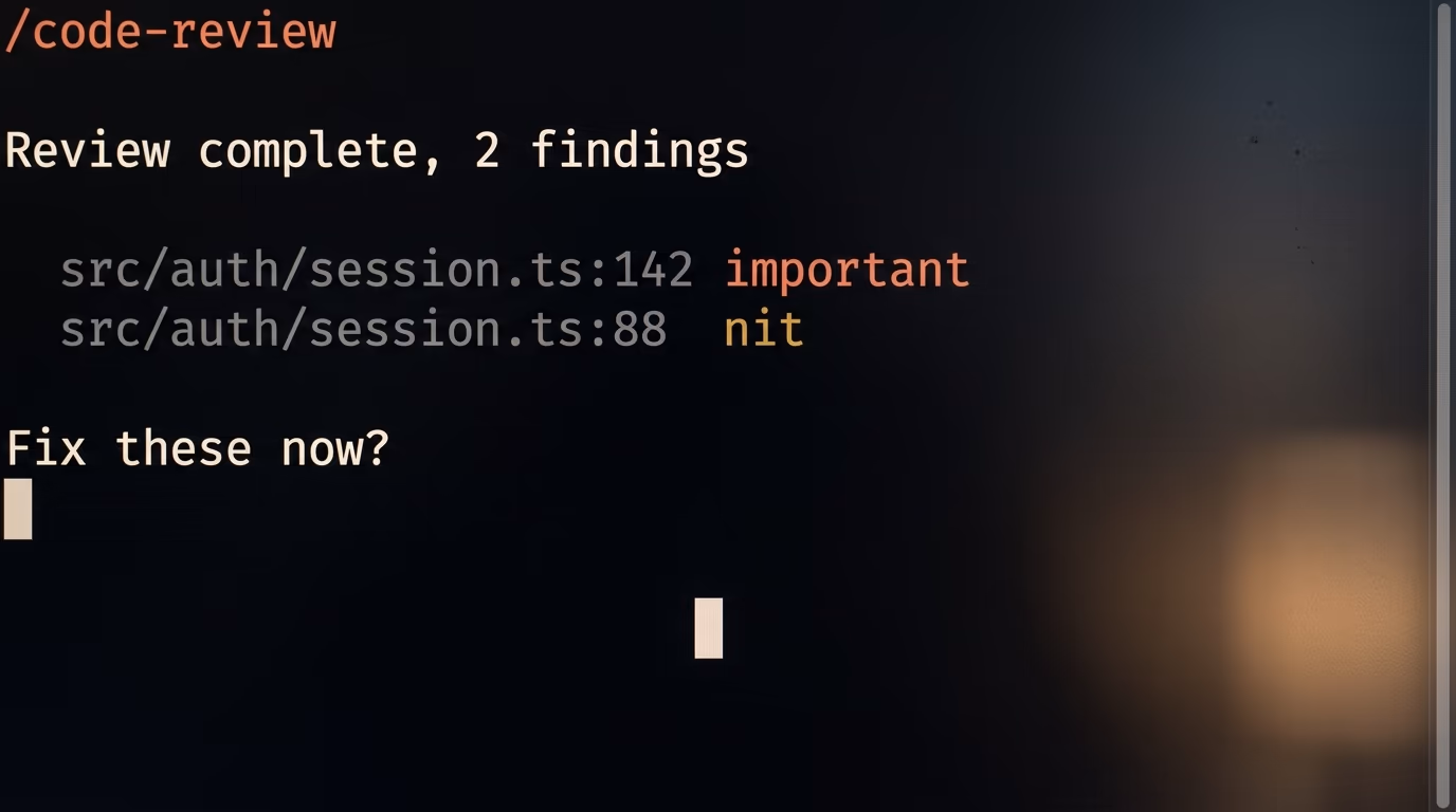 A finished code review in the terminal listing 2 findings with their file, line and severity