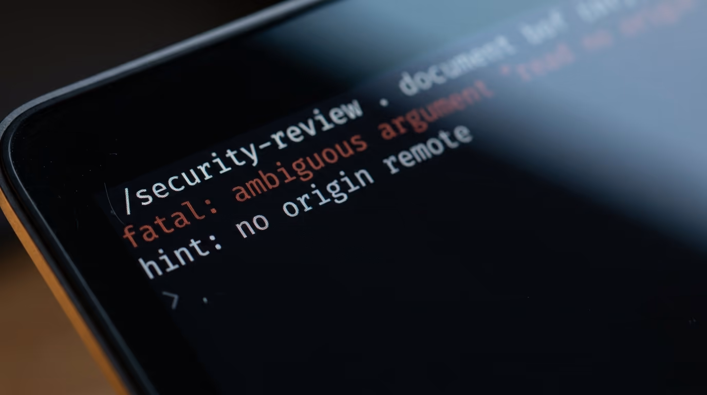 A terminal showing the security review failing with a fatal ambiguous argument message