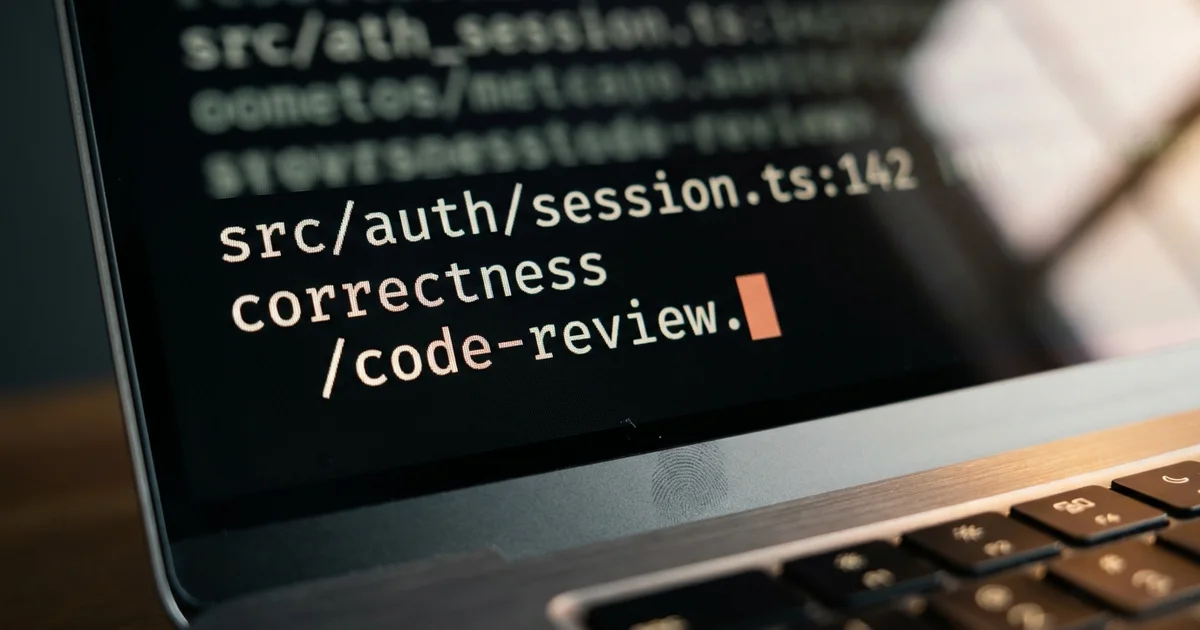 A terminal running a code review with Claude Code, showing the command and a finding with its file and line number
