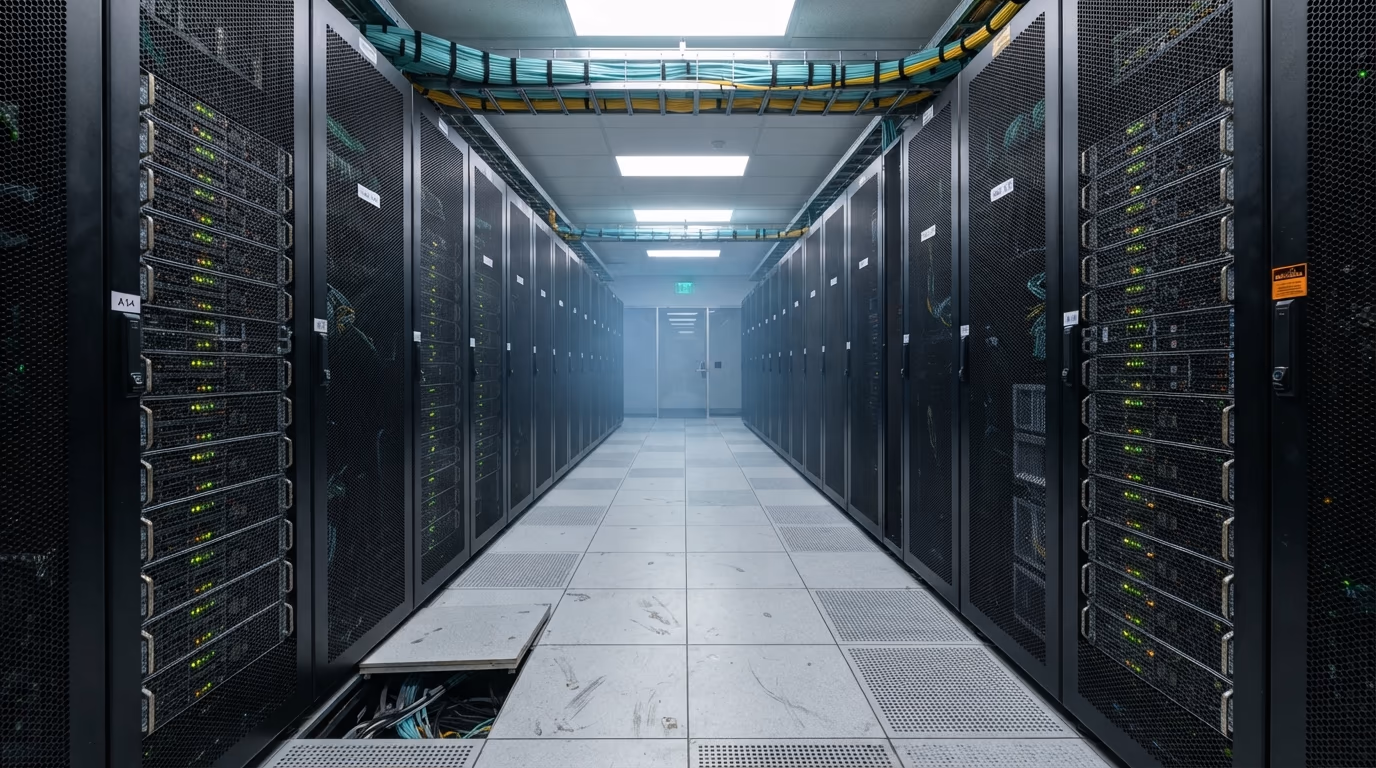 Difference between RunPod and Vast.ai, a data center aisle of GPU servers