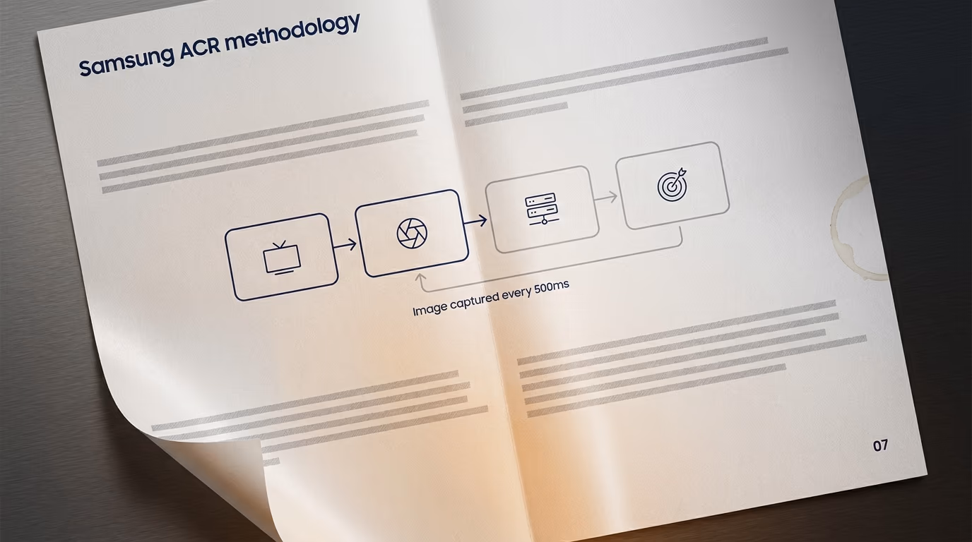 Printed Samsung Ads guide page showing the ACR methodology and the caption Image captured every 500ms