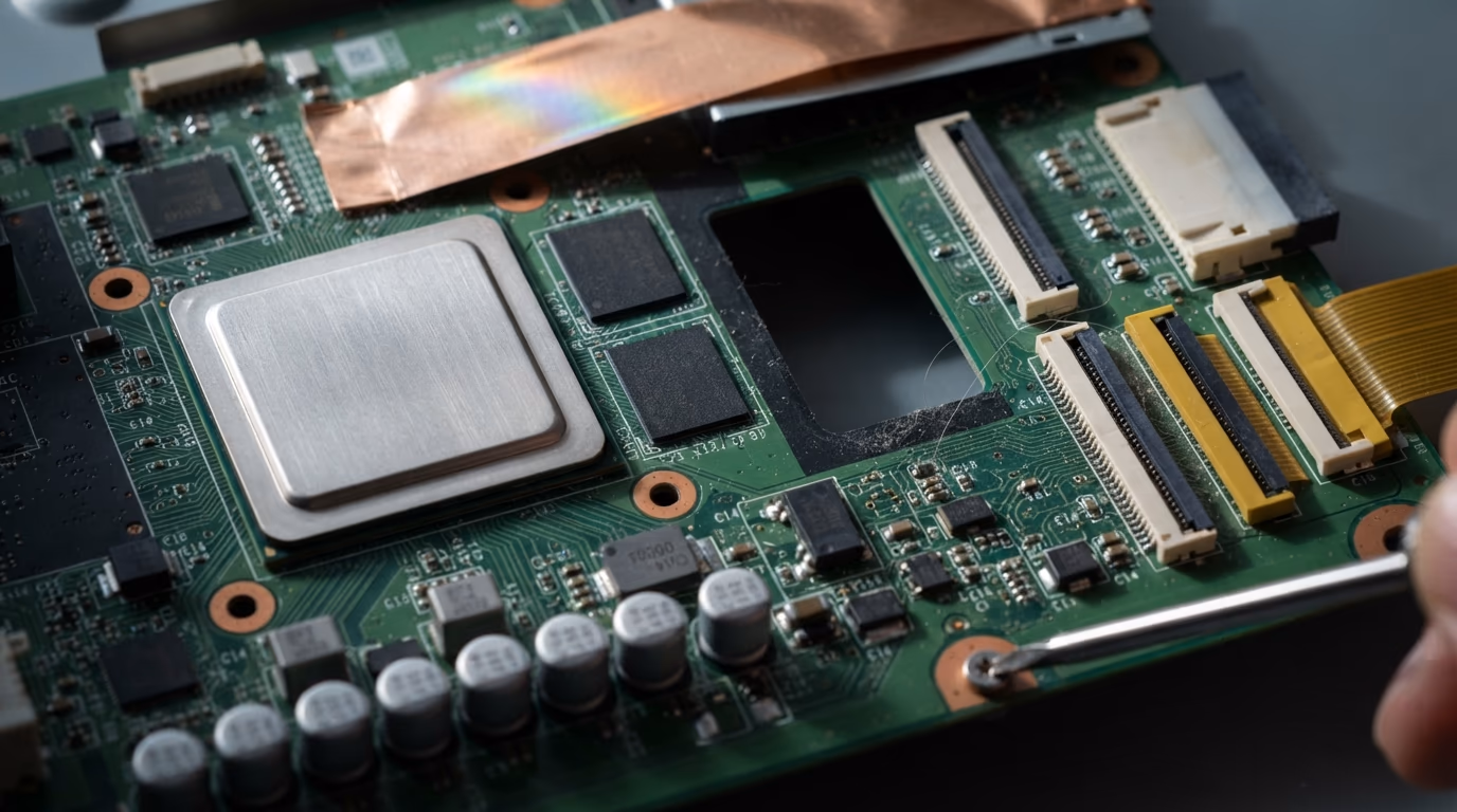 Macro photograph of a television main logic board with heat spreader, memory chips and ribbon connectors