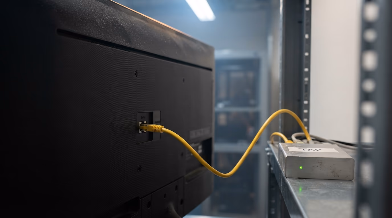 Rear of a wall mounted television with a yellow ethernet cable running to a small network tap box on a steel shelf
