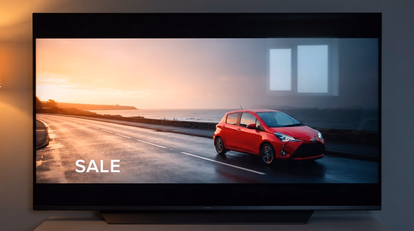A large television in a living room showing a full screen car advertisement at dusk