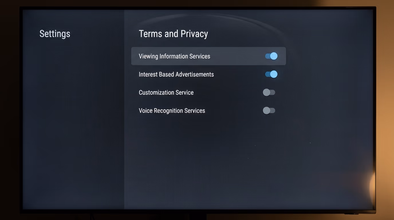 Television privacy settings screen showing Terms and Privacy with toggles for Viewing Information Services and Interest Based Advertisements