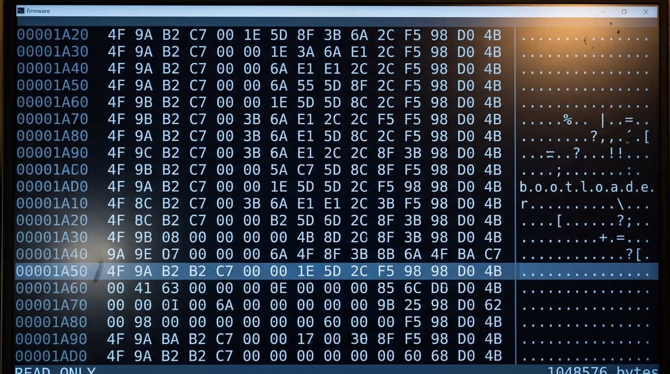 Hex editor on a laptop screen showing columns of hexadecimal bytes from an encrypted firmware file
