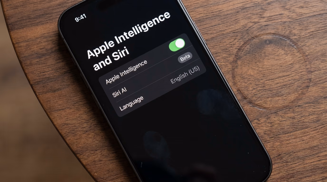 iPhone settings screen showing Apple Intelligence and Siri turned on with a beta badge