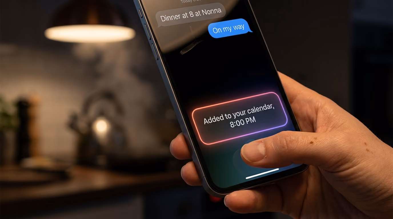 Siri AI reading a messages thread on an iPhone and confirming a calendar entry