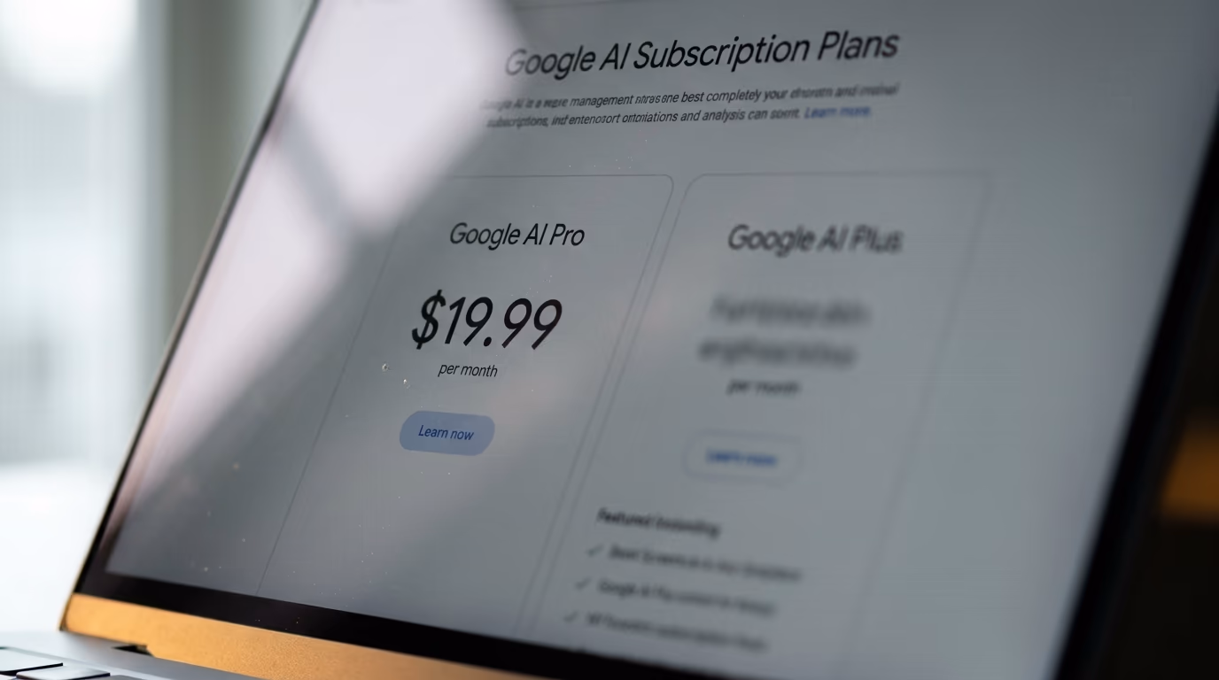 Google AI subscription plans page showing the AI Pro price per month