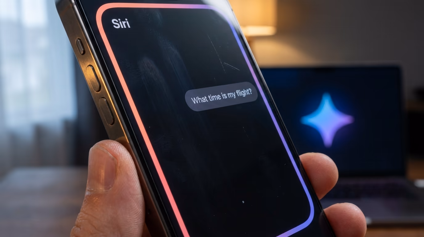 Siri vs Gemini on a phone screen, the Siri glow in focus and the Gemini star on a laptop behind