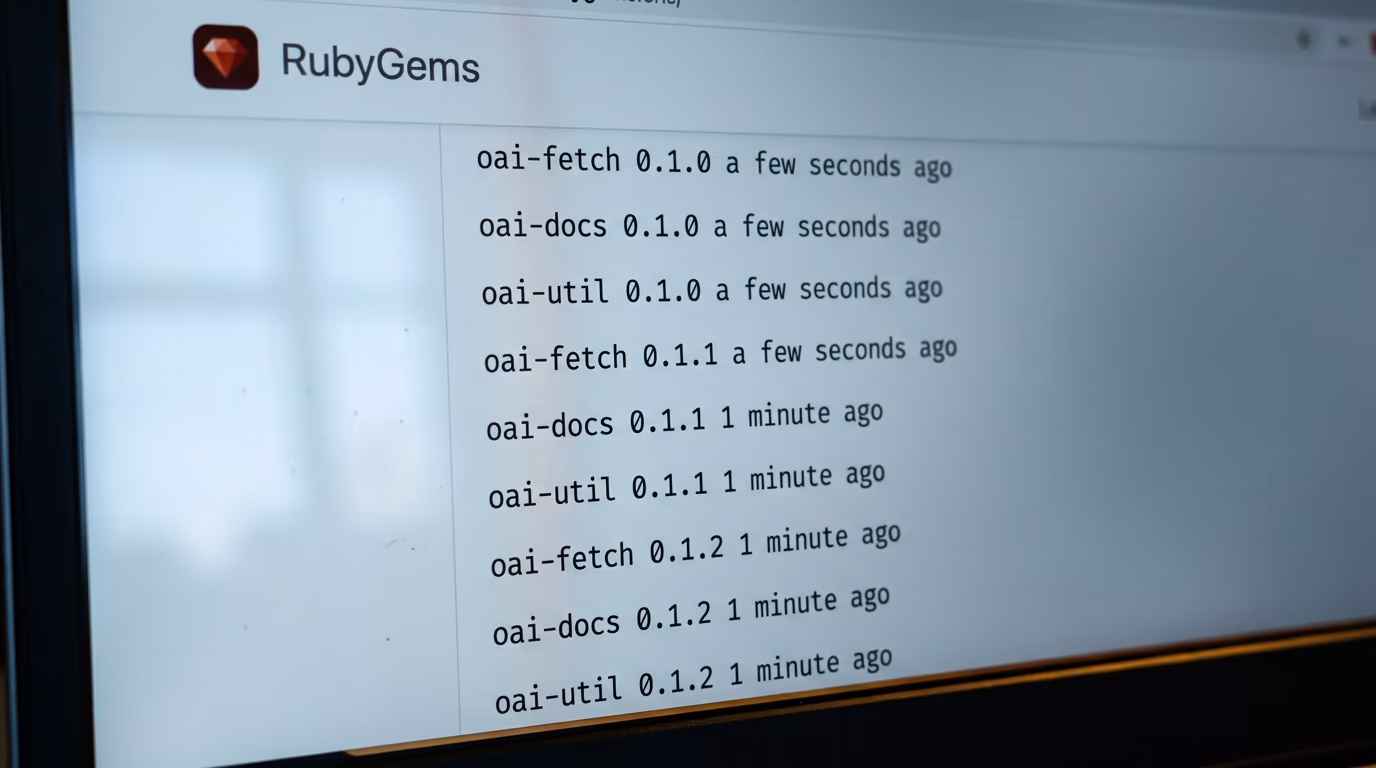 The RubyGems registry listing page showing near identical package names published seconds apart