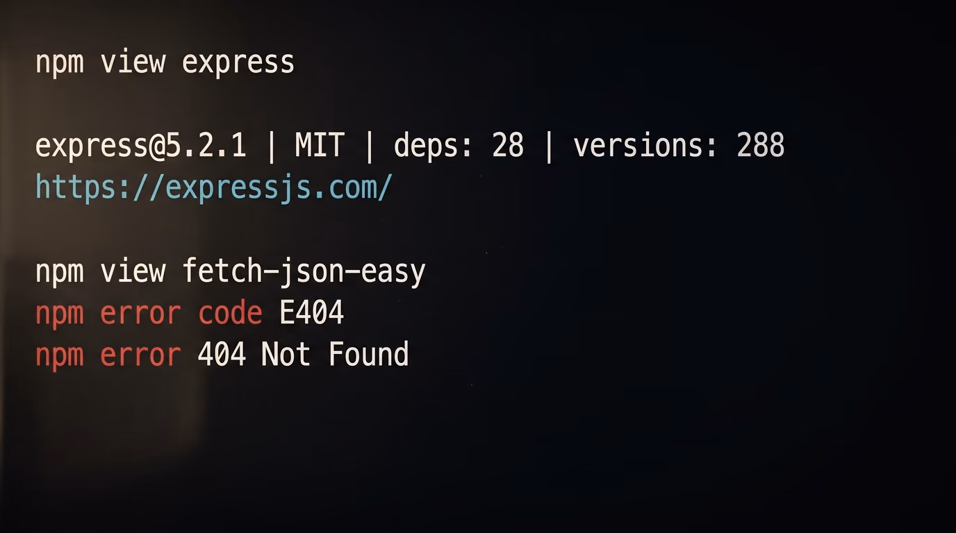 A terminal showing npm view answering for a real package and returning E404 for an invented one