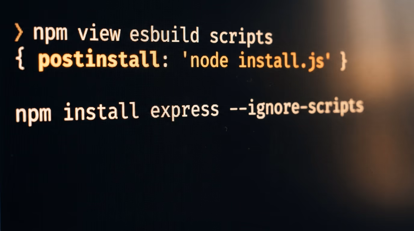 A terminal showing a postinstall script declared by a package and an install command with scripts turned off