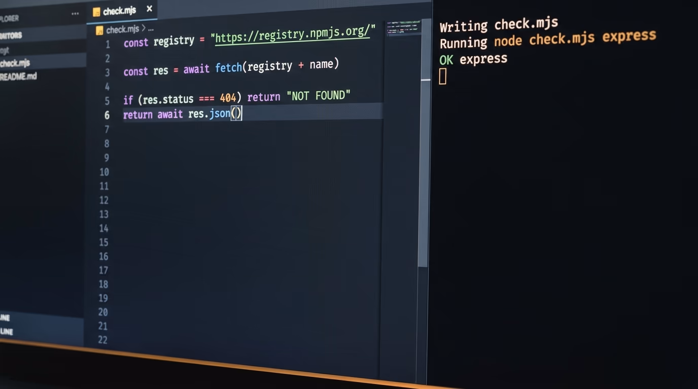 A code editor and terminal where a coding agent writes and runs the package checker file