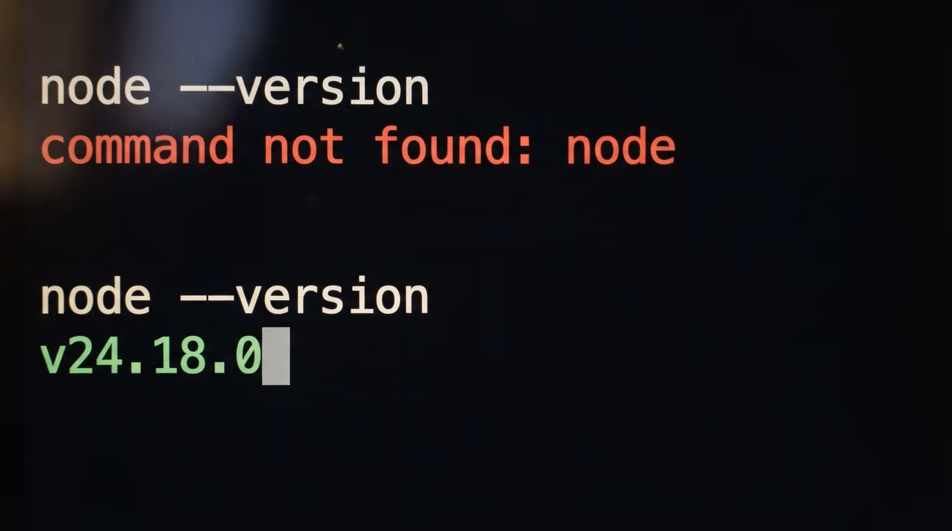 A terminal showing command not found for node and then a working version number