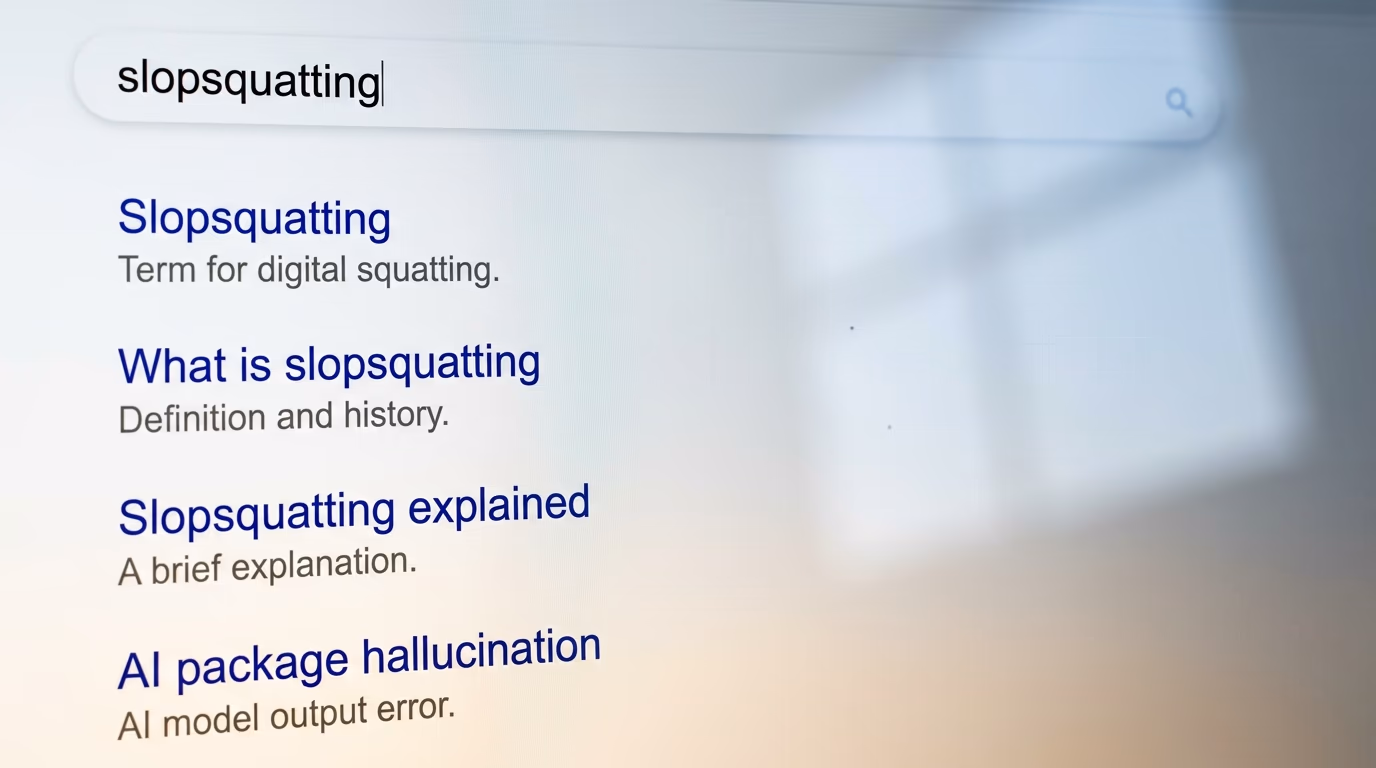 A search results page for slopsquatting showing explainer articles and no named incident
