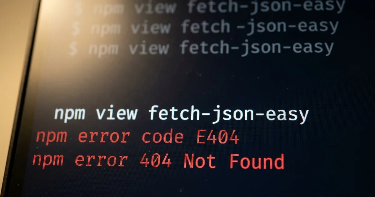 A terminal showing npm view answering with npm error code E404 for an invented package name