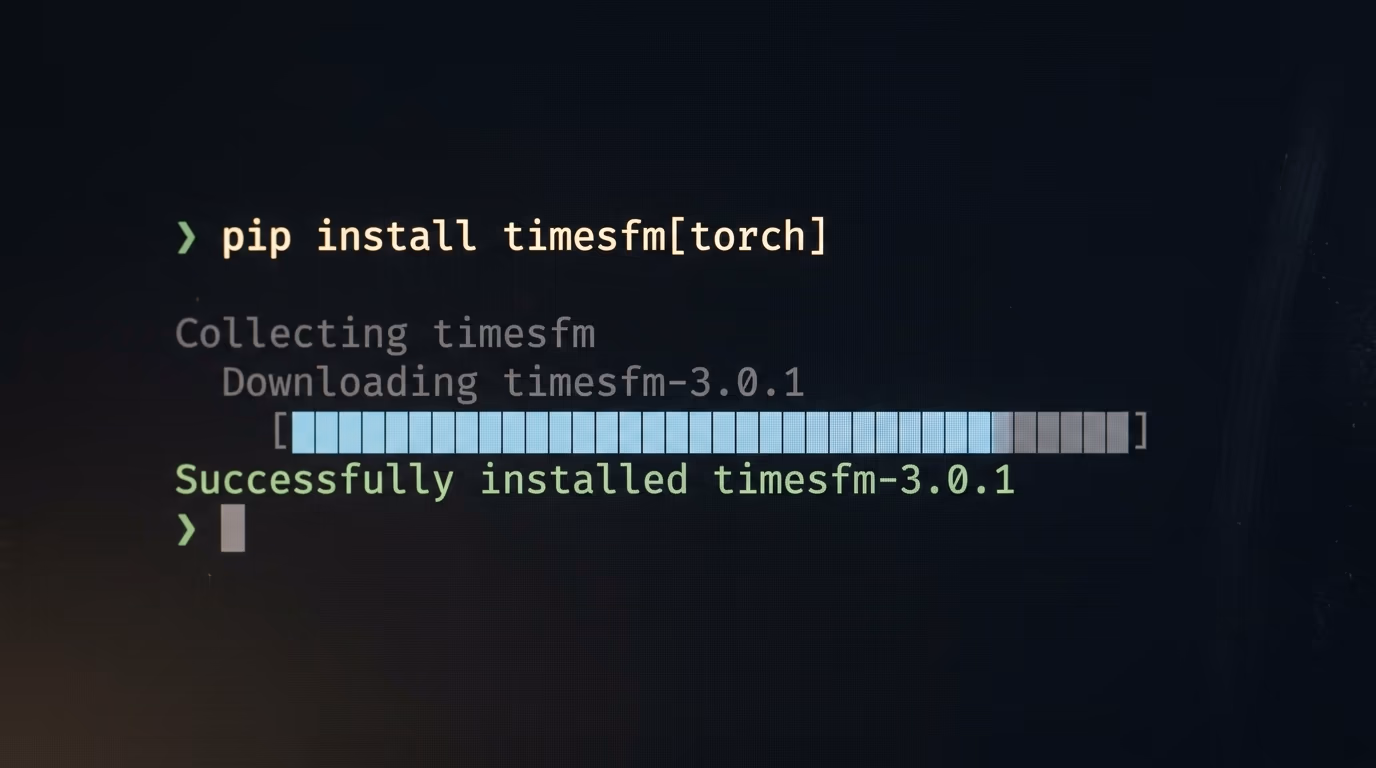A terminal installing the timesfm Python package with pip and printing the success line