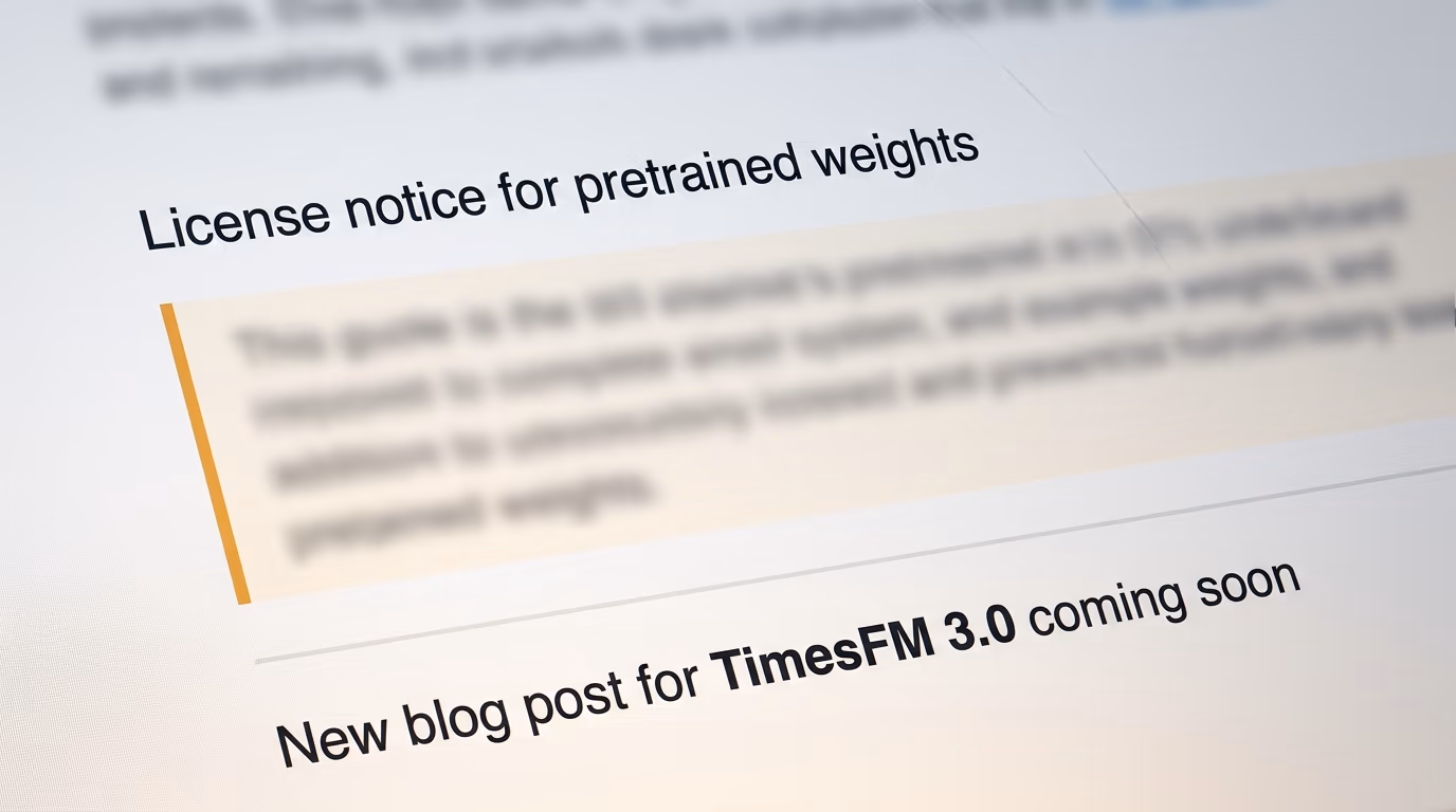 The license notice for pretrained weights in the TimesFM readme with the blog post promised as coming soon