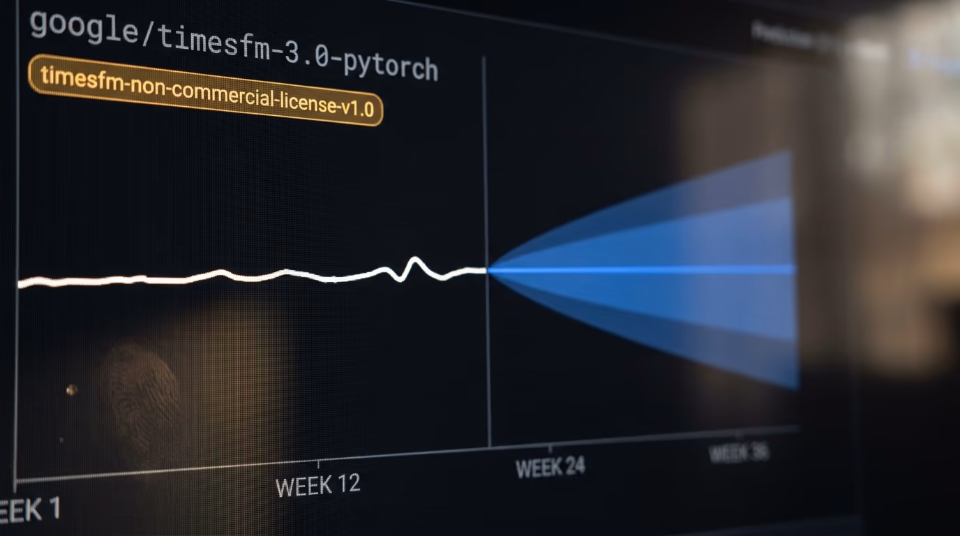 TimesFM 3 license tag shown beside a probabilistic forecast chart on a monitor