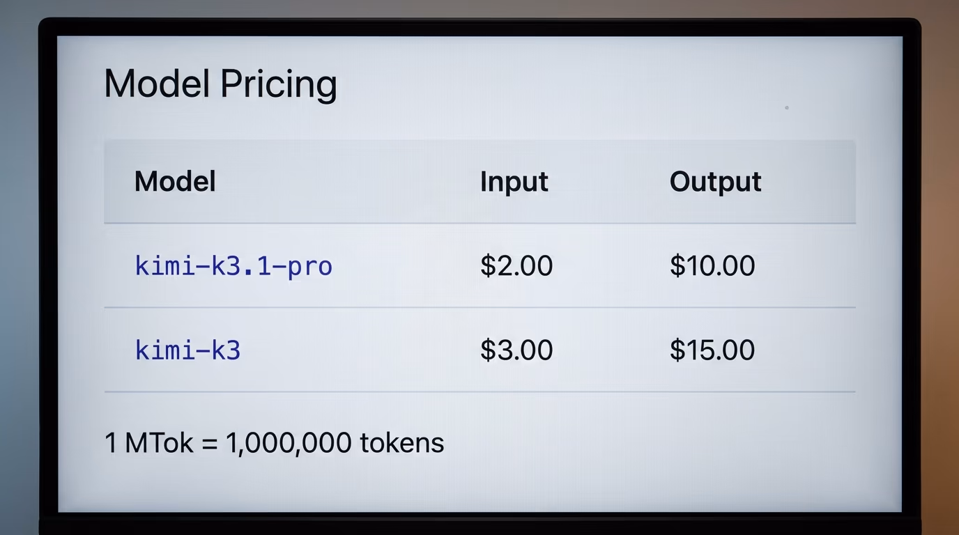 The Kimi API platform pricing page showing the rate per million tokens