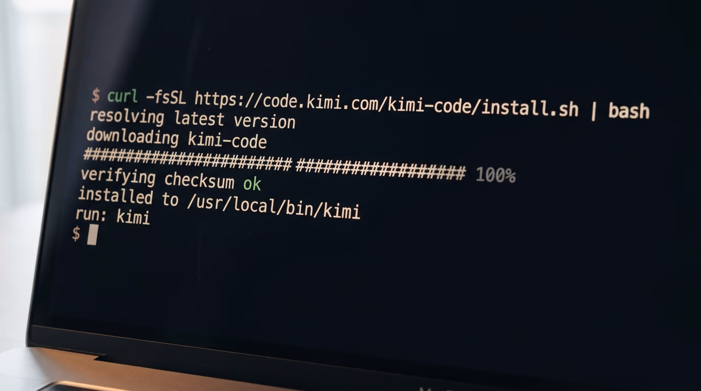 A terminal window installing the Kimi Code command line agent