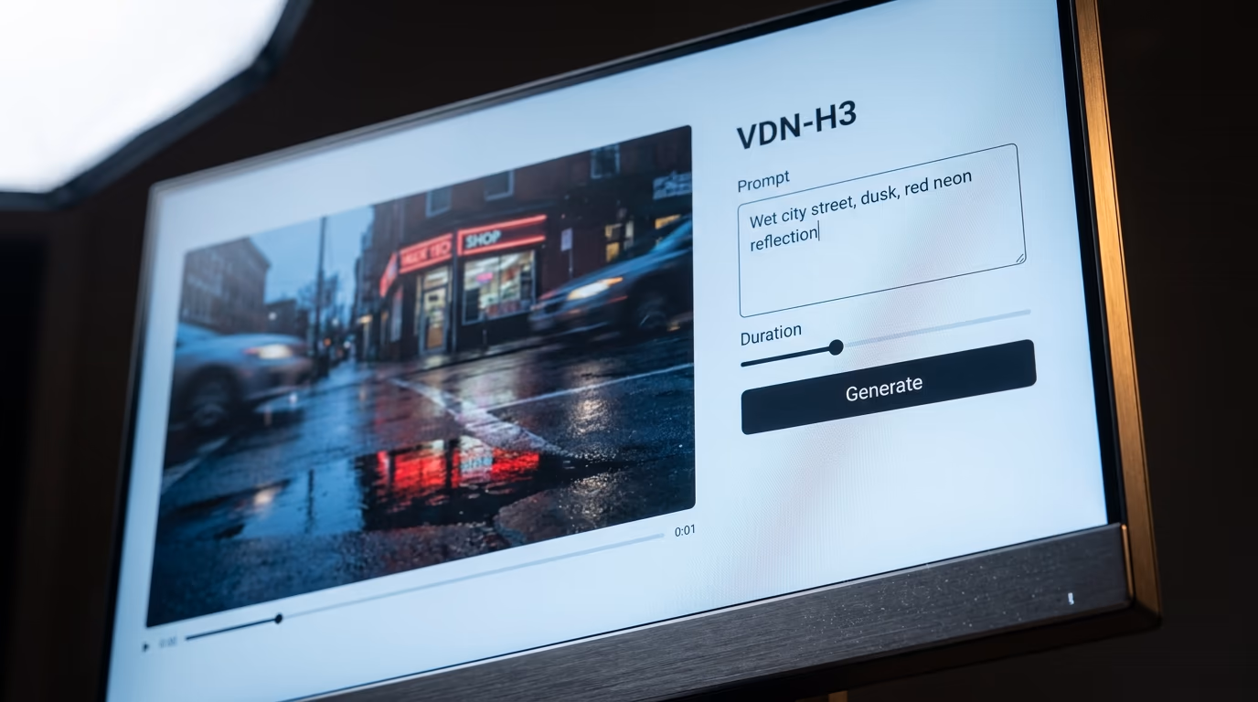 VDN H3 video model open in a browser with a prompt box and a generated clip
