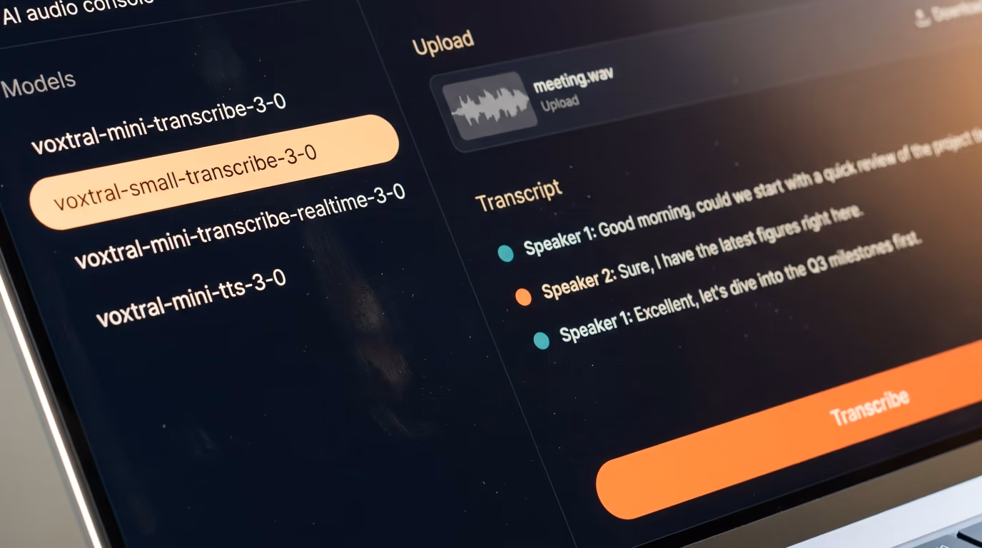 An audio console listing the Voxtral 3 transcription models