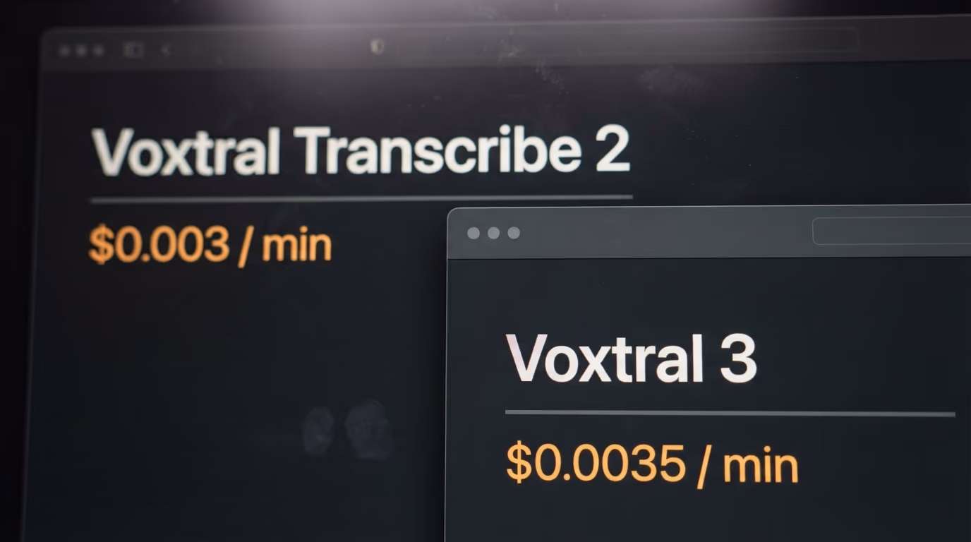 The February Voxtral Transcribe 2 price beside the Voxtral 3 price