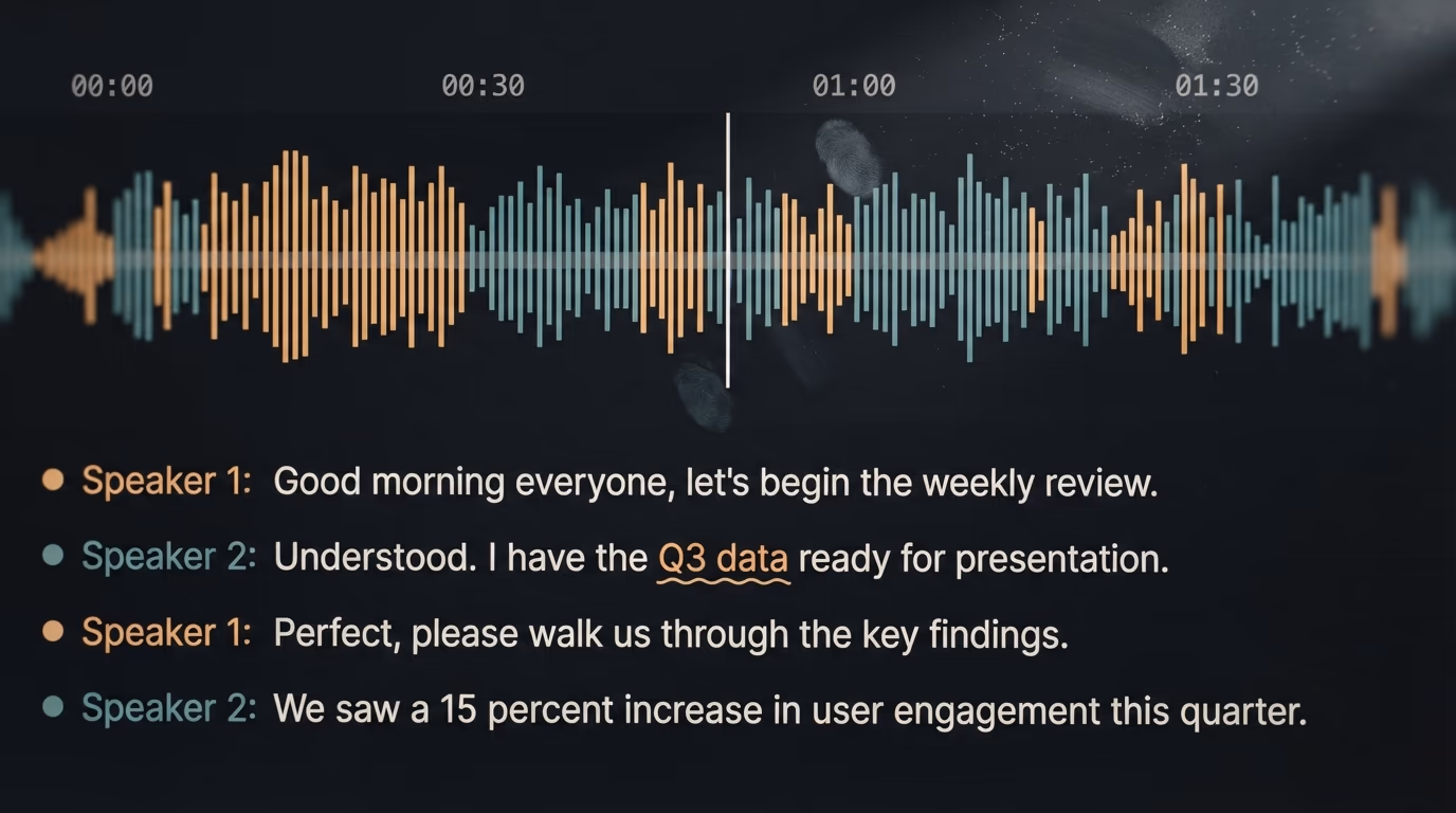 A transcript with speaker labels and timestamps beside an audio waveform