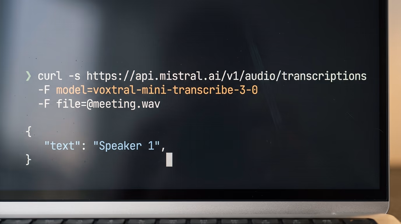 A terminal sending one audio file to the Mistral transcription API