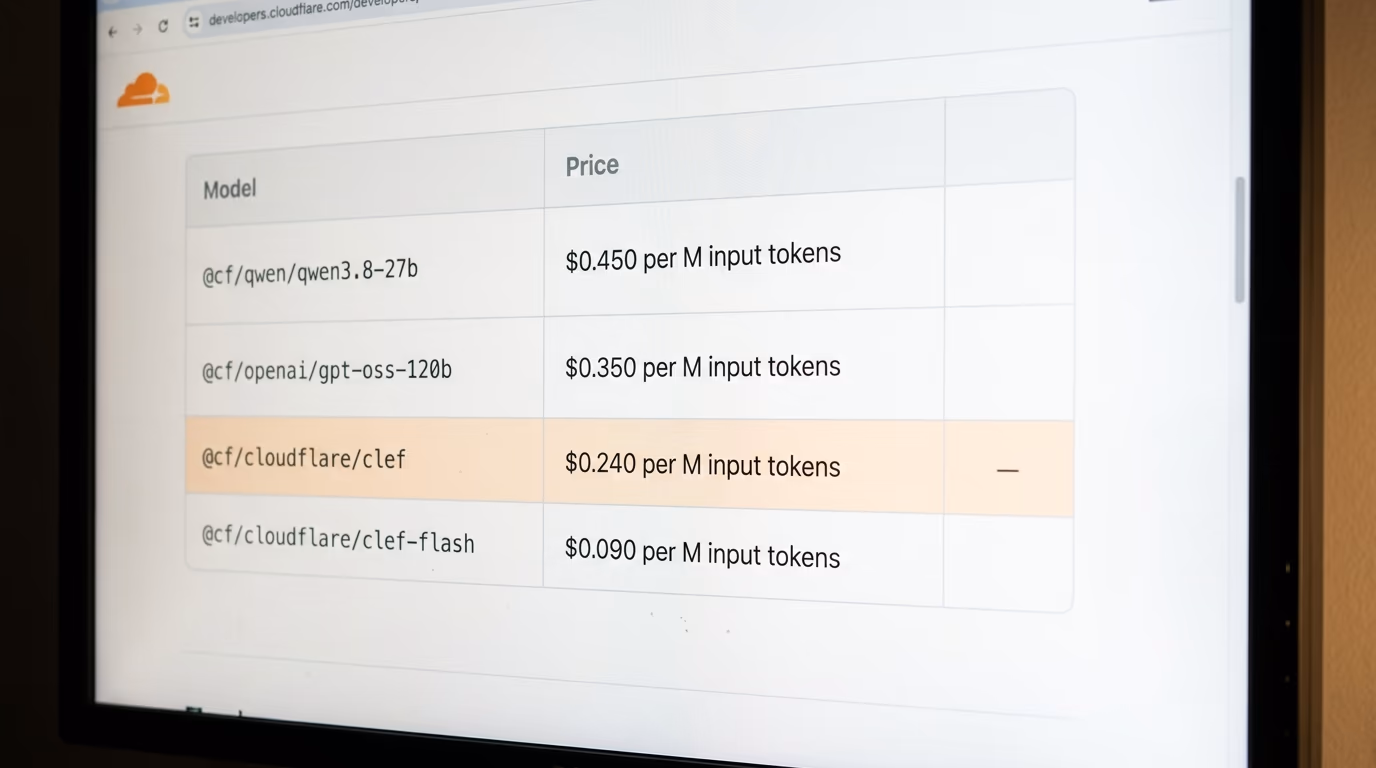 The Cloudflare Workers AI pricing table showing the Clef row at $0.240 per million input tokens with no output price