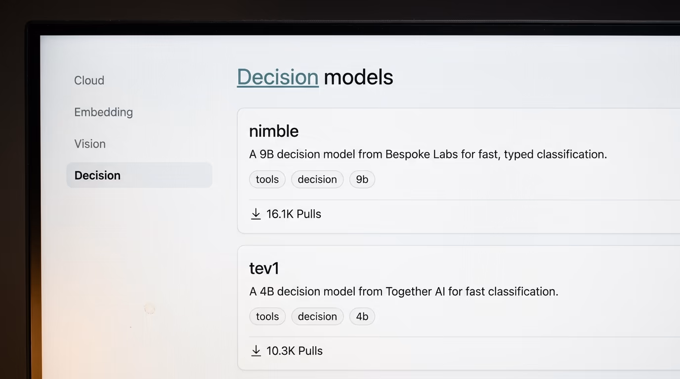 The decision models category in the Ollama library listing nimble from Bespoke Labs and tev1 from Together AI