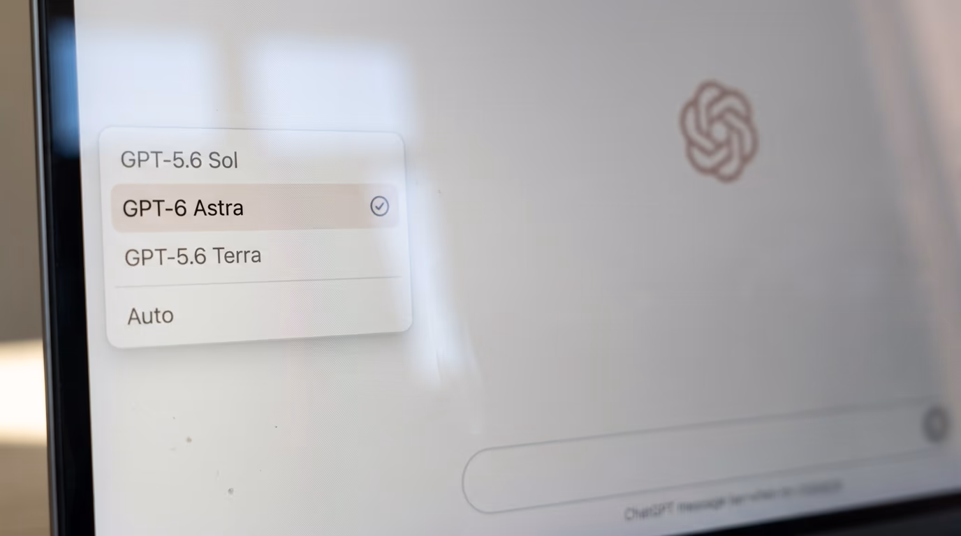 The ChatGPT model selector open with GPT-6 Astra highlighted in the list