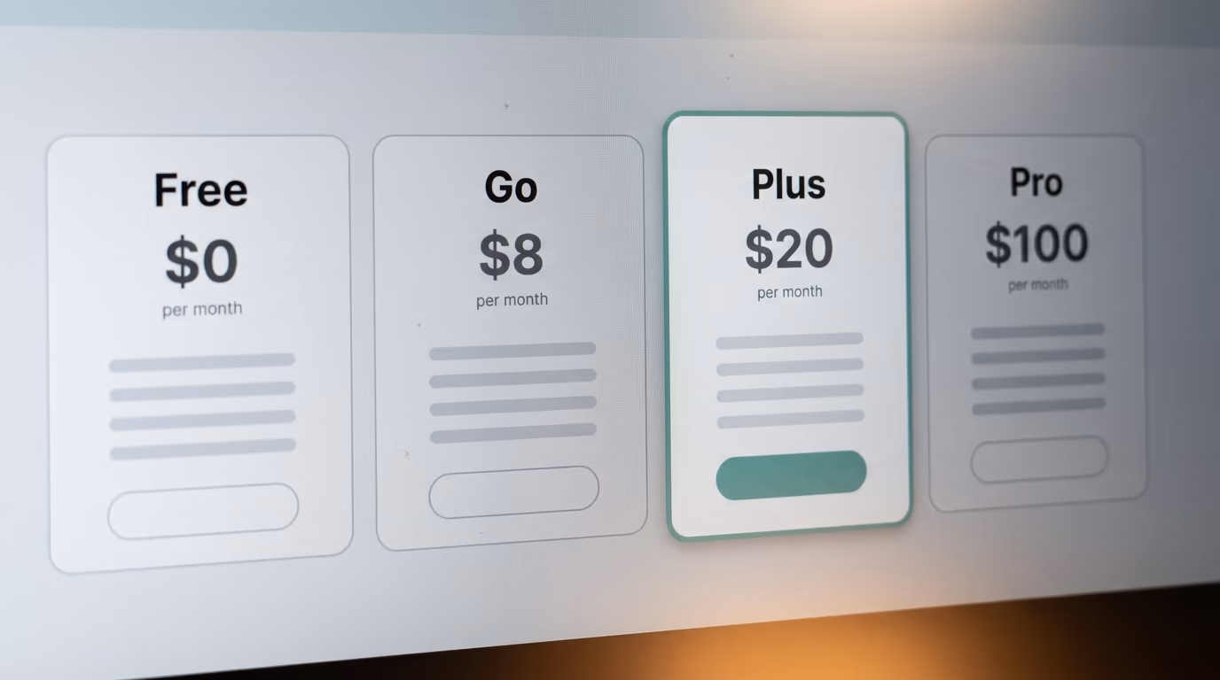 The ChatGPT pricing page showing the Free, Go, Plus and Pro plan cards with their monthly prices