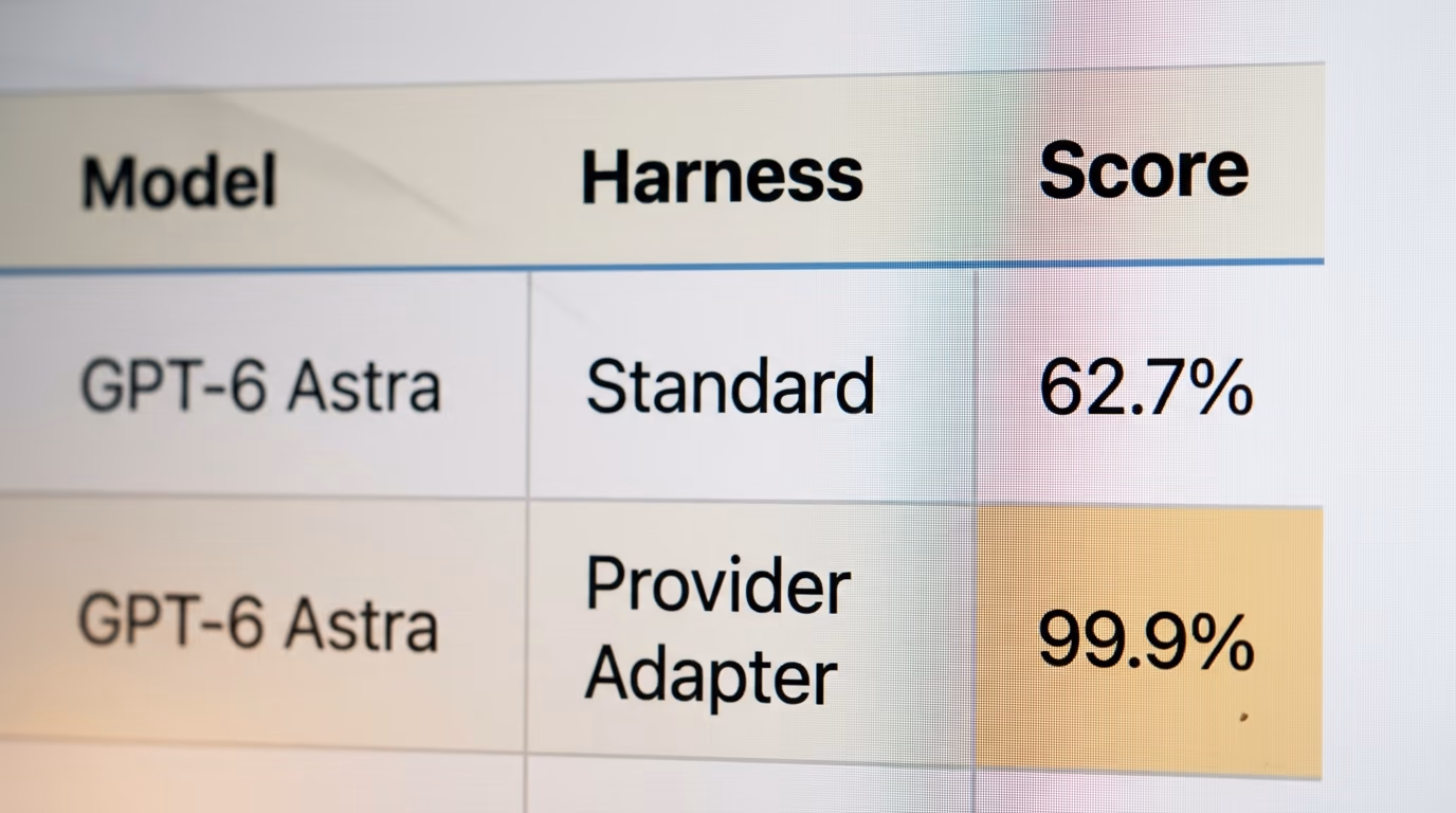 A benchmark leaderboard showing the same model scoring 62.7 percent and 99.9 percent on two different harnesses