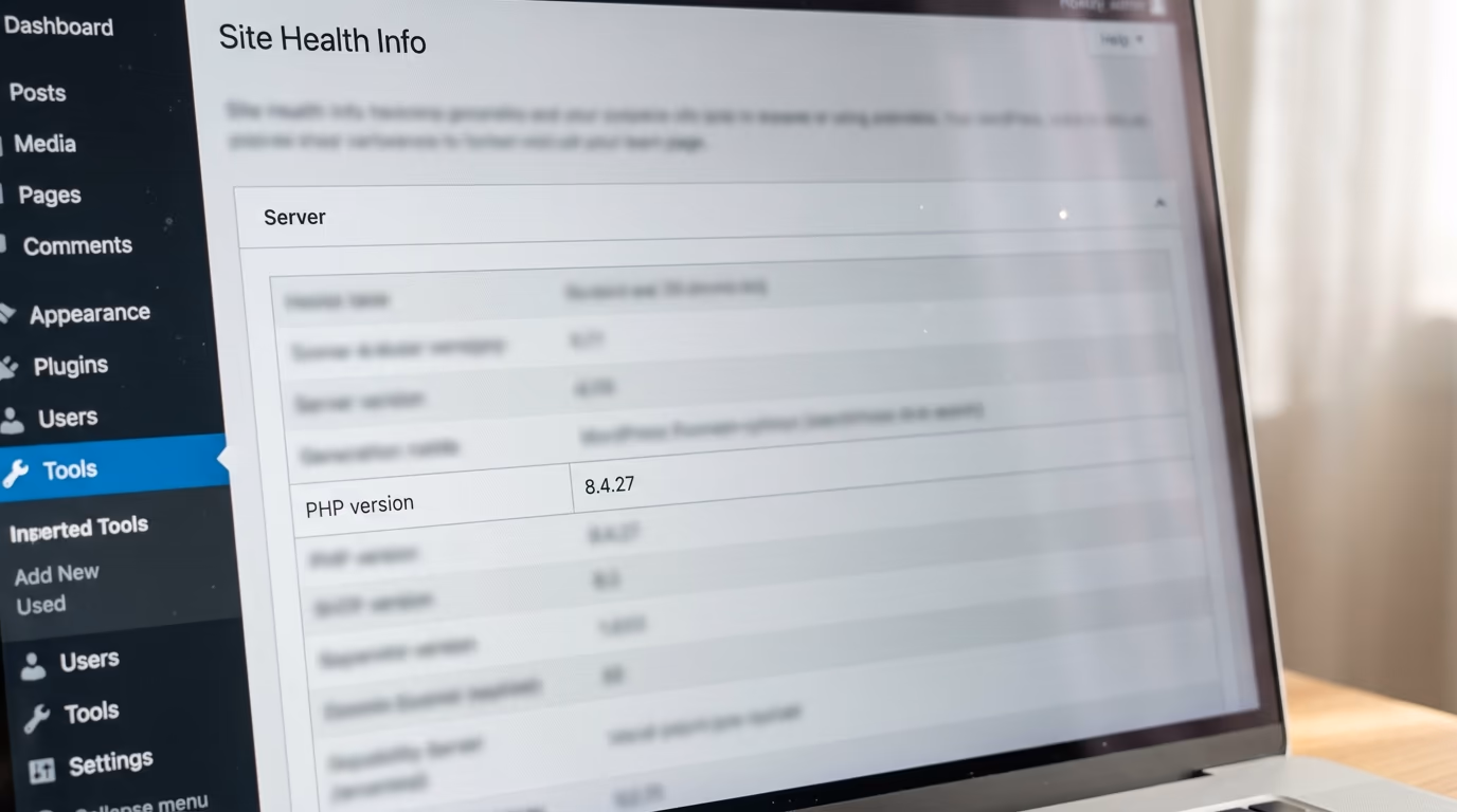 A WordPress Site Health screen showing the PHP version a host is serving