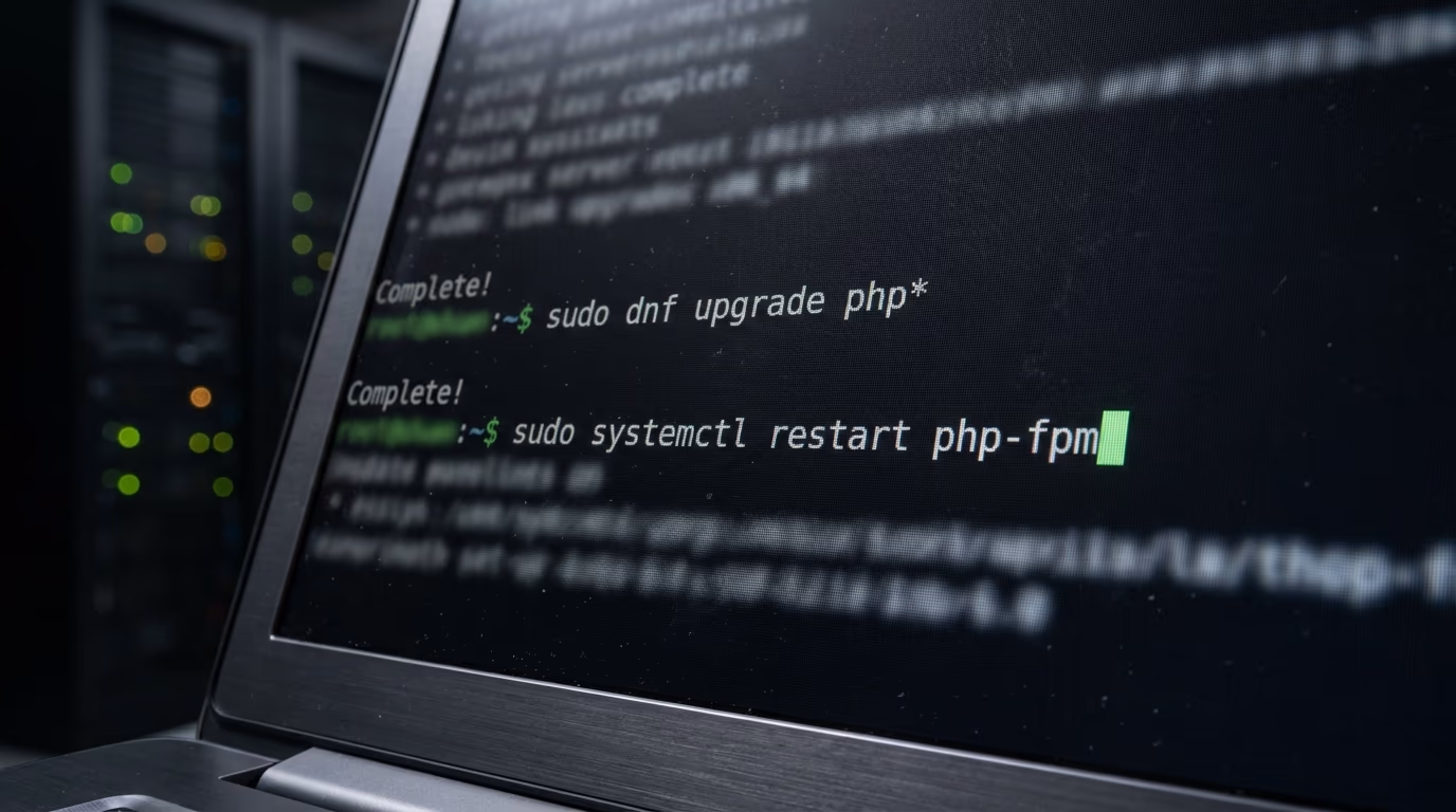 A terminal upgrading PHP packages and restarting the service after PHP2Shell