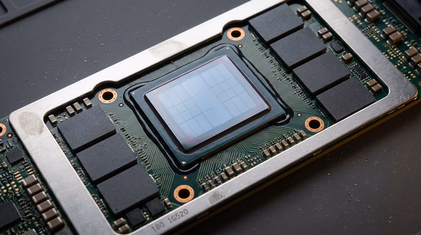 GPU compute die and memory chips inside the package, the silicon that runs AI math