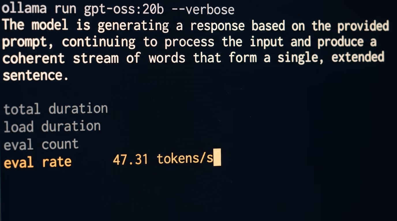 Terminal showing the ollama eval rate in tokens per second for a local model