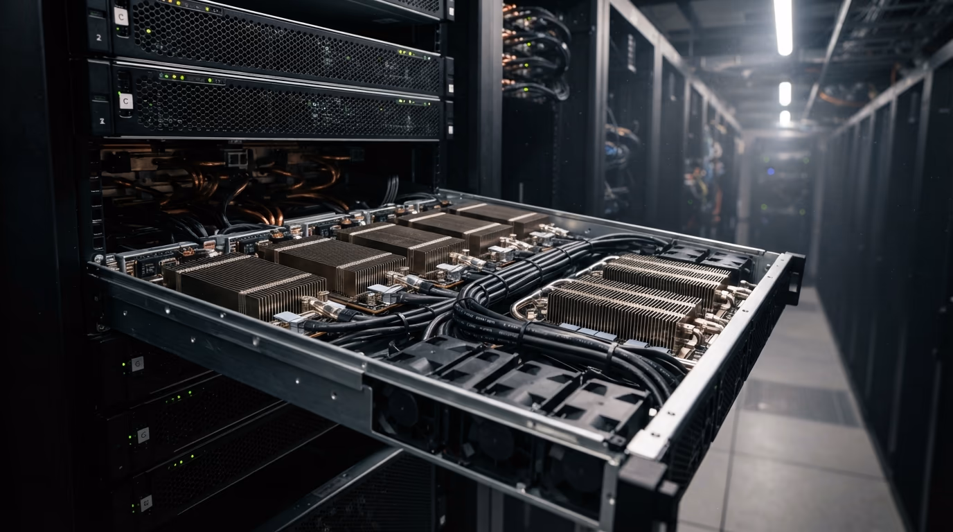 GPU server tray with 8 accelerators in a data center rack, the hardware you rent by the hour