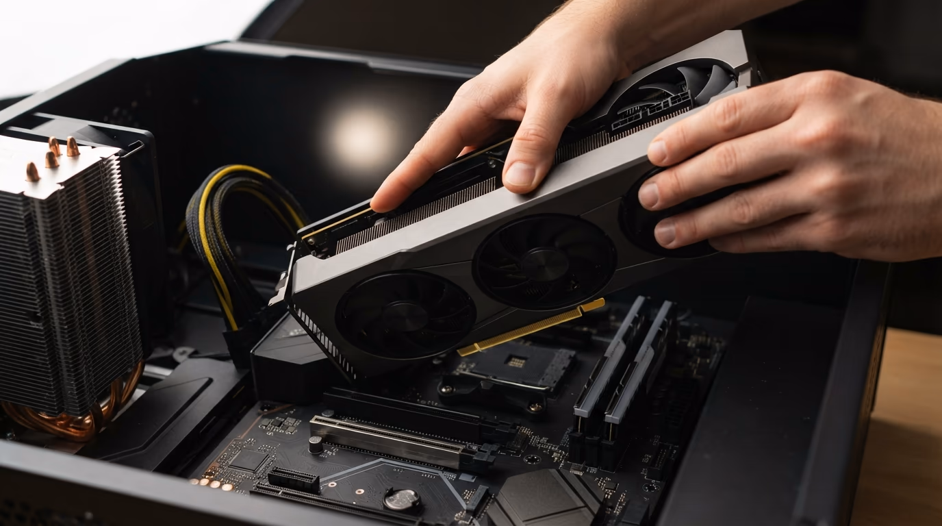 Graphics card being installed in a home desktop PC to run AI models locally